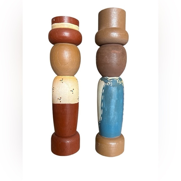 Primitive Wood Painted Americana Couple Set of Two Big Eyed Candle Holders - Picture 2 of 8